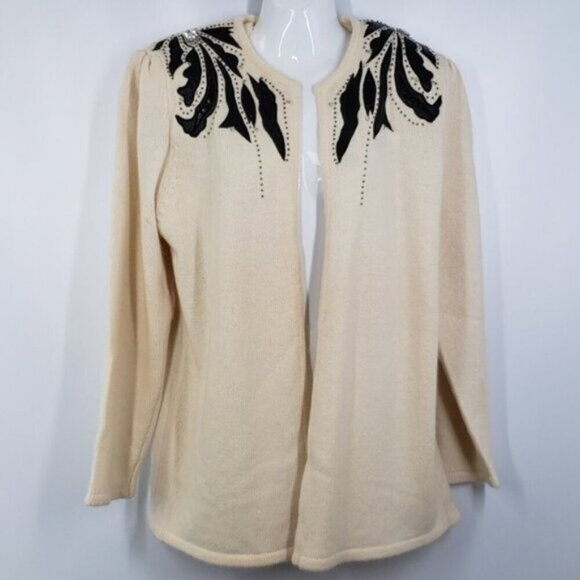 Vintage Lambswool Angora Open Cardigan Sweater Faux Leather Details with Bead… - Picture 2 of 15